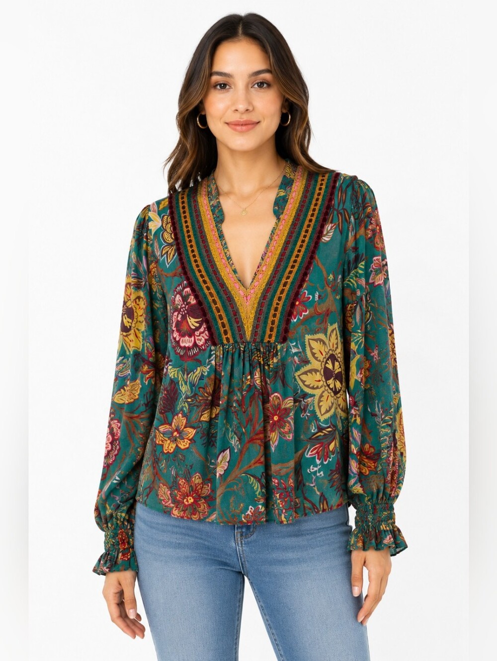 Blank London Floral Boho Peasant Top V Neck Long Sleeve Medium